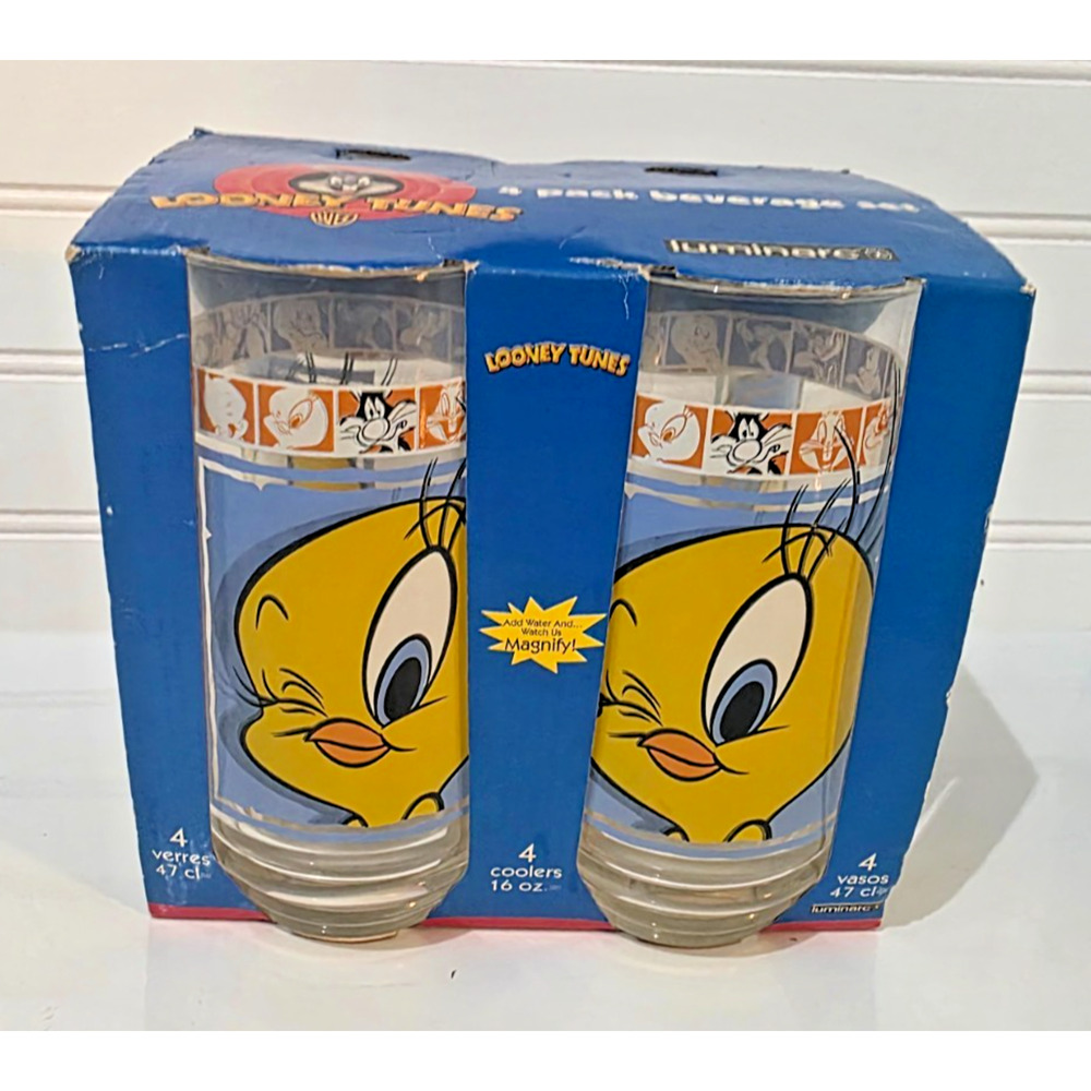 Vtg Looney Tunes 4 Pack Tweety Bird 16 oz Beverage Glasses Luminarc 1999 Unused